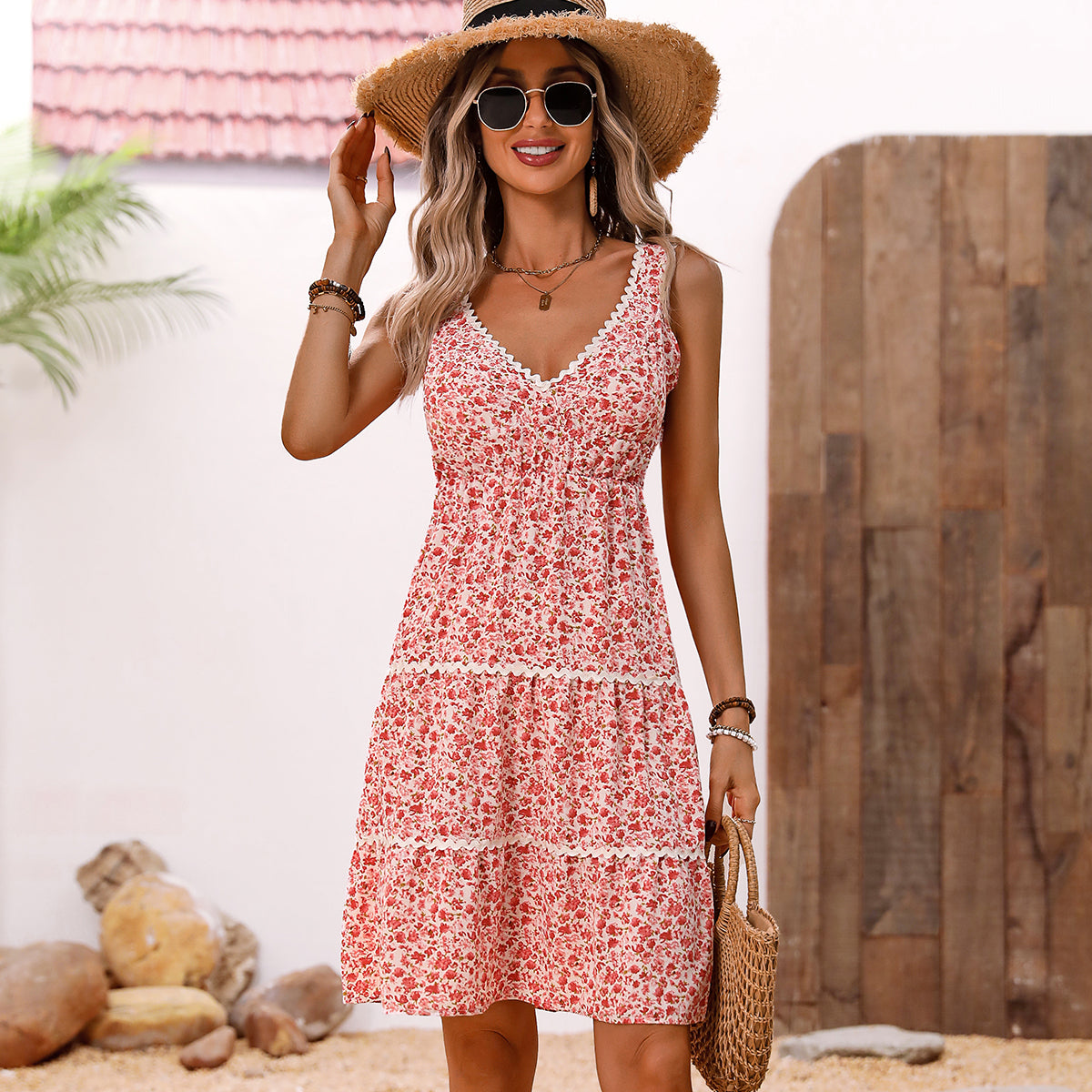 Victoire – Robe casual à patchwork imprimé floral col en V femme