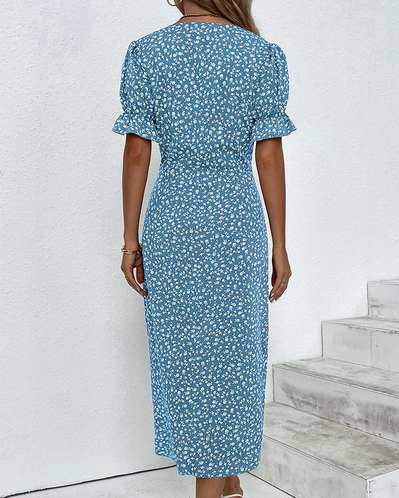 Luna – Robe portefeuille d’été pour femme à imprimé fleuri manches à volants