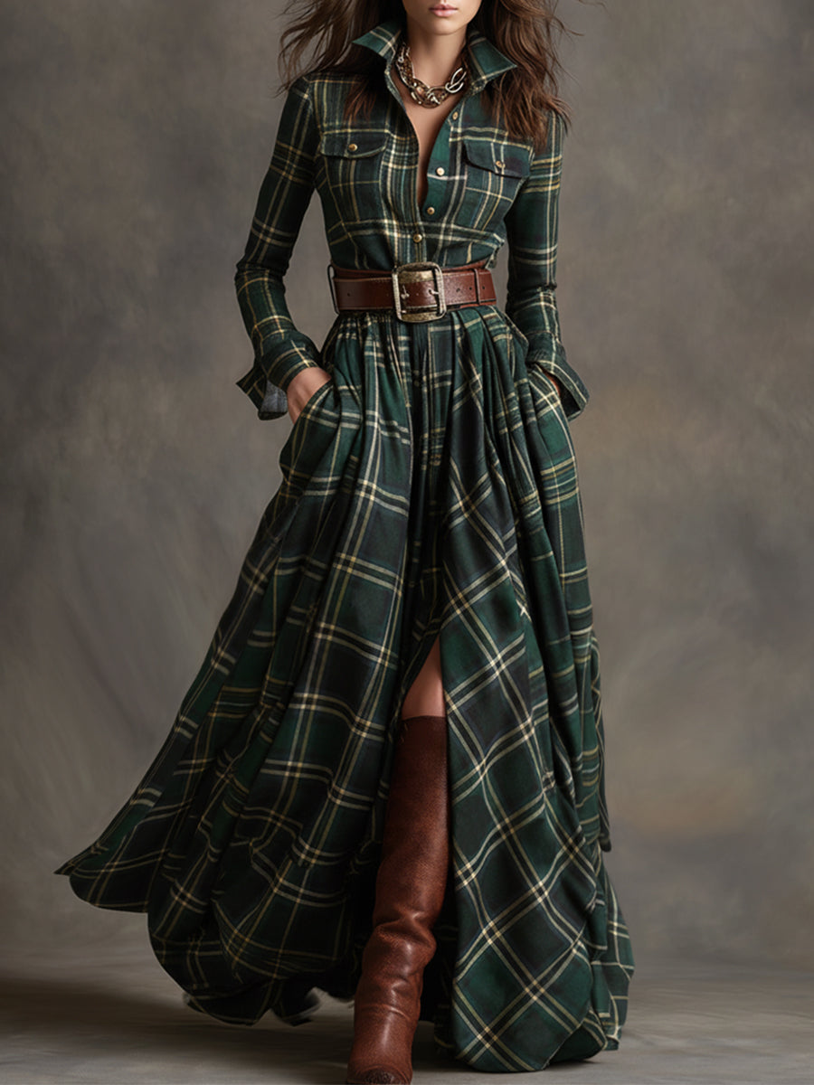 Juliette – Robe longue à carreaux ceinturée de style rétro