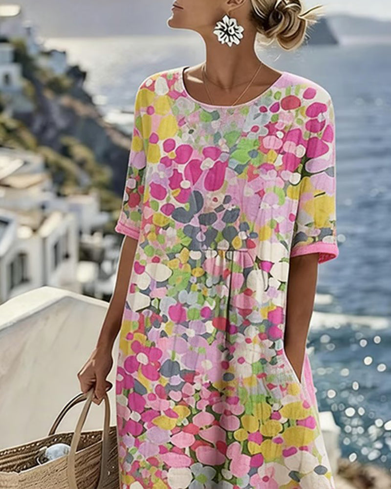 Robe midi fleurie en coton et lin à manches courtes et poches