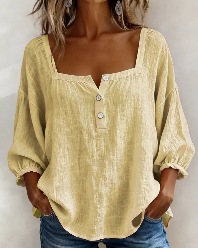 Blouse en lin femme à encolure carrée et manches bouffantes 3/4