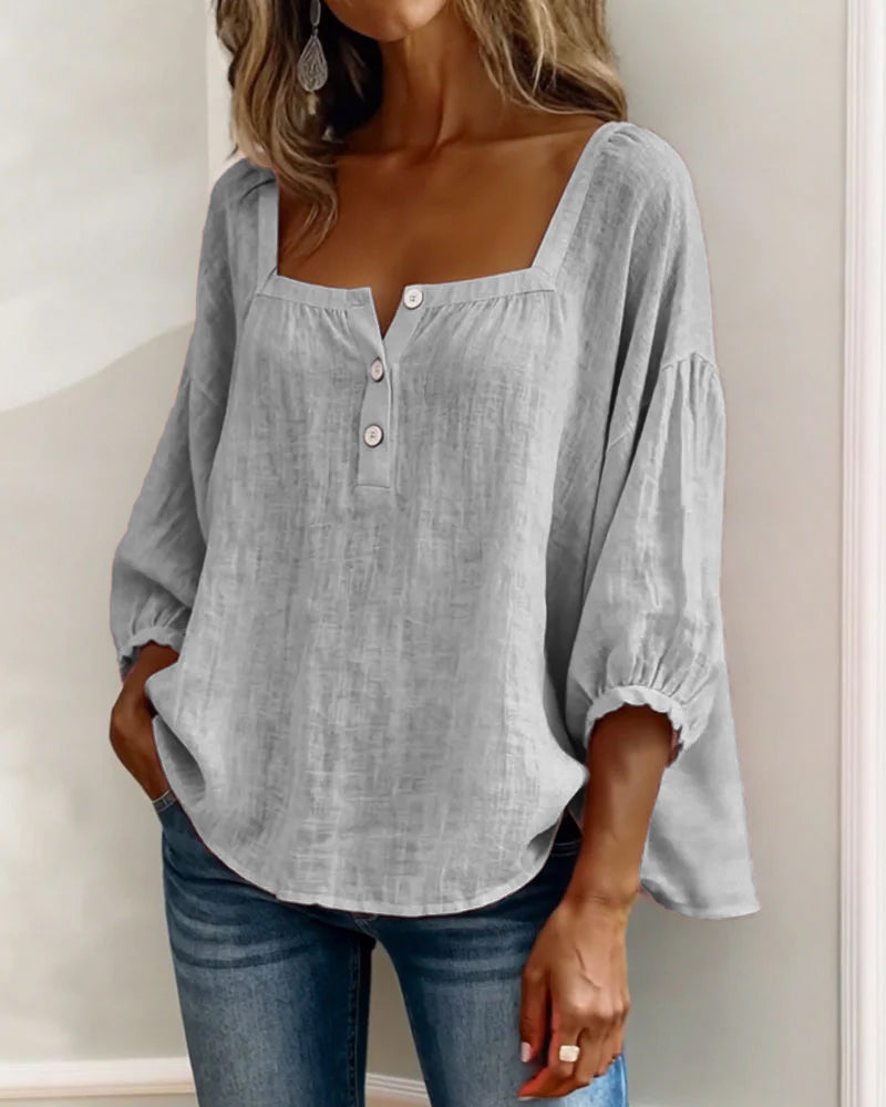 Blouse en lin femme à encolure carrée et manches bouffantes 3/4