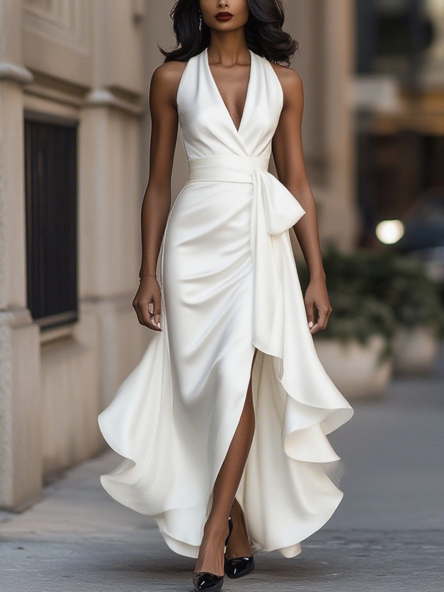 Robe portefeuille longue de soirée à col V plongeant avec taille nouée et ourlet asymétrique pour événements élégants