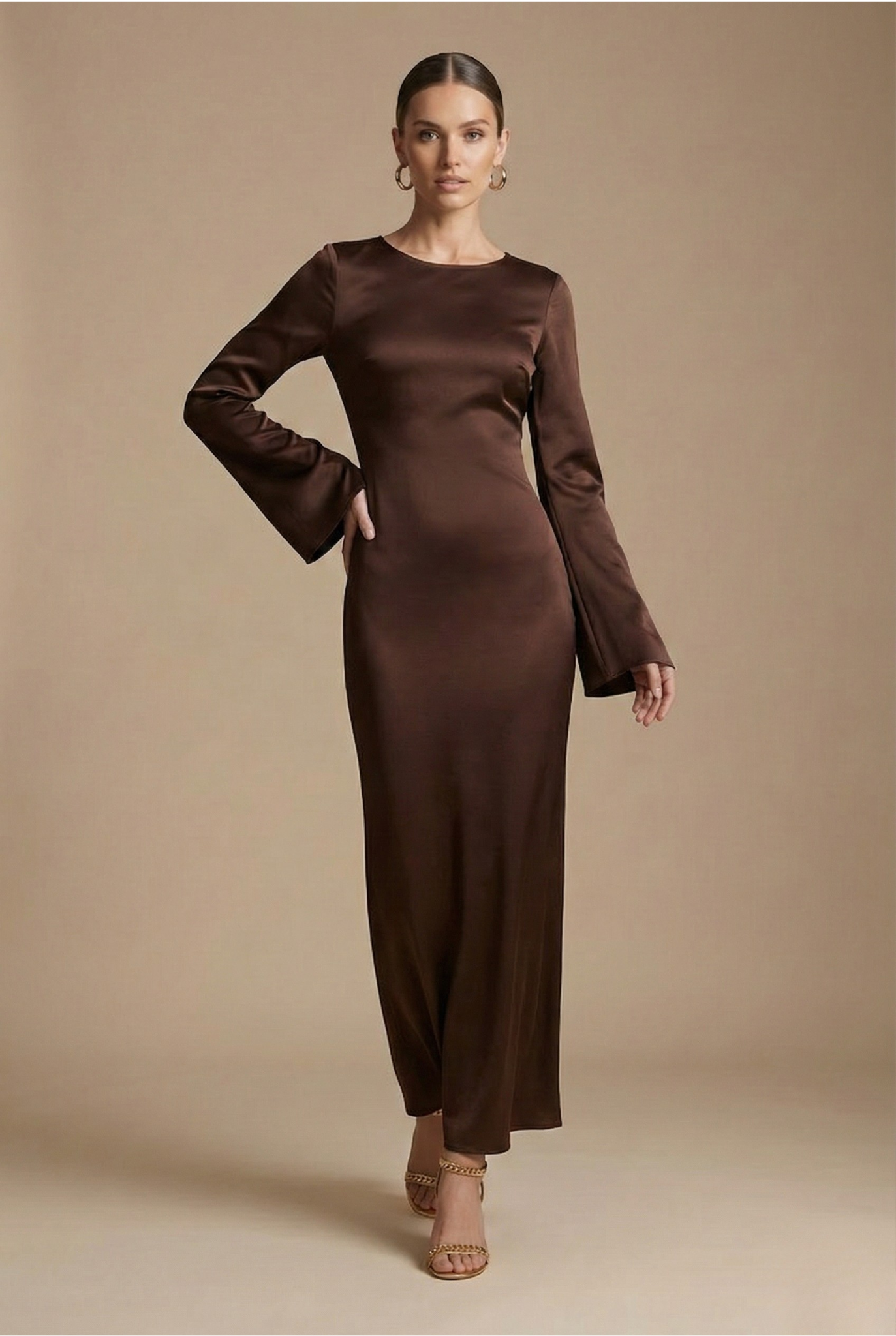 Apolline – Robe maxi à manches longues avec col rond et taille nouée femme