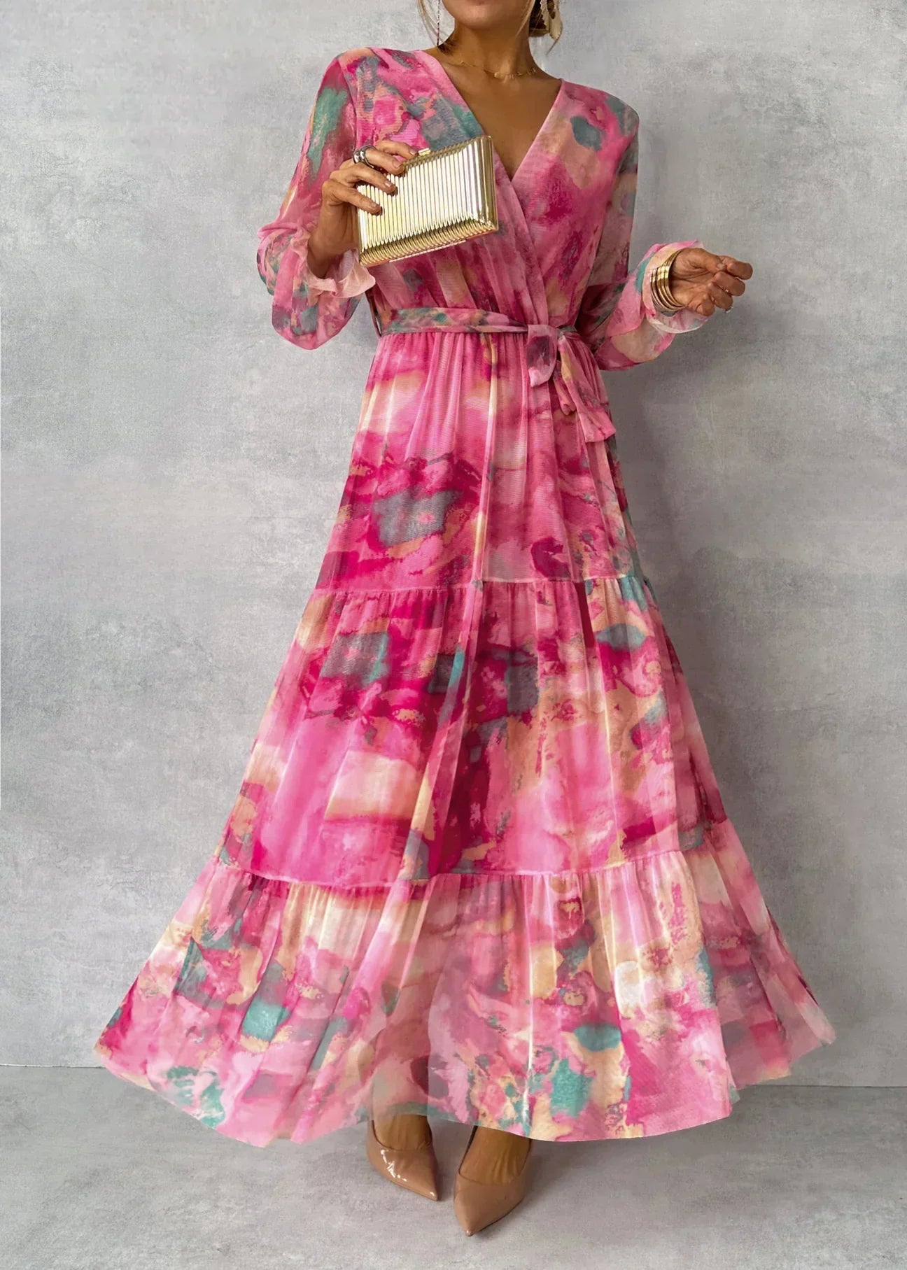 Amandine – Robe portefeuille maxi à imprimé floral et manches longues femme
