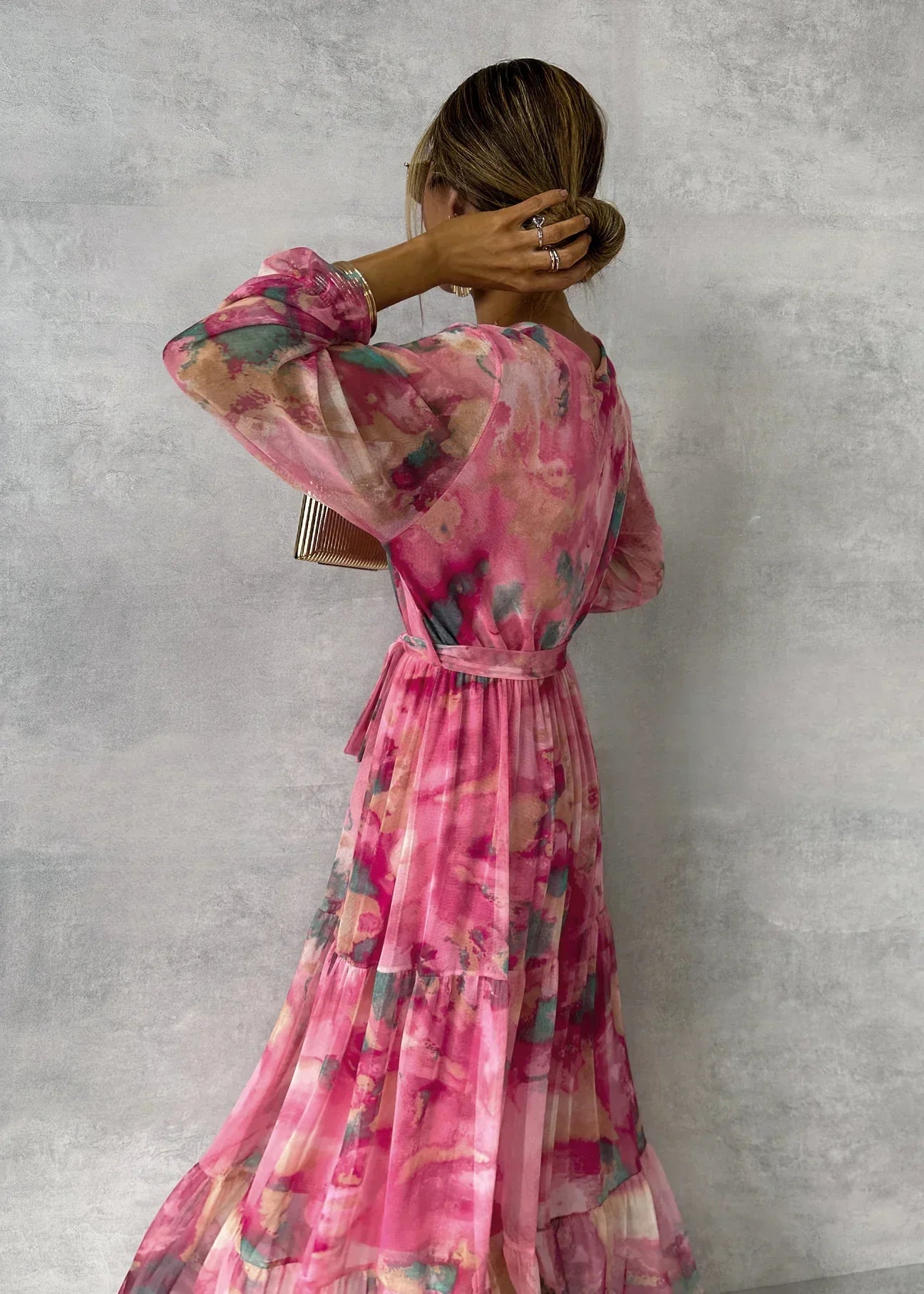 Amandine – Robe portefeuille maxi à imprimé floral et manches longues femme