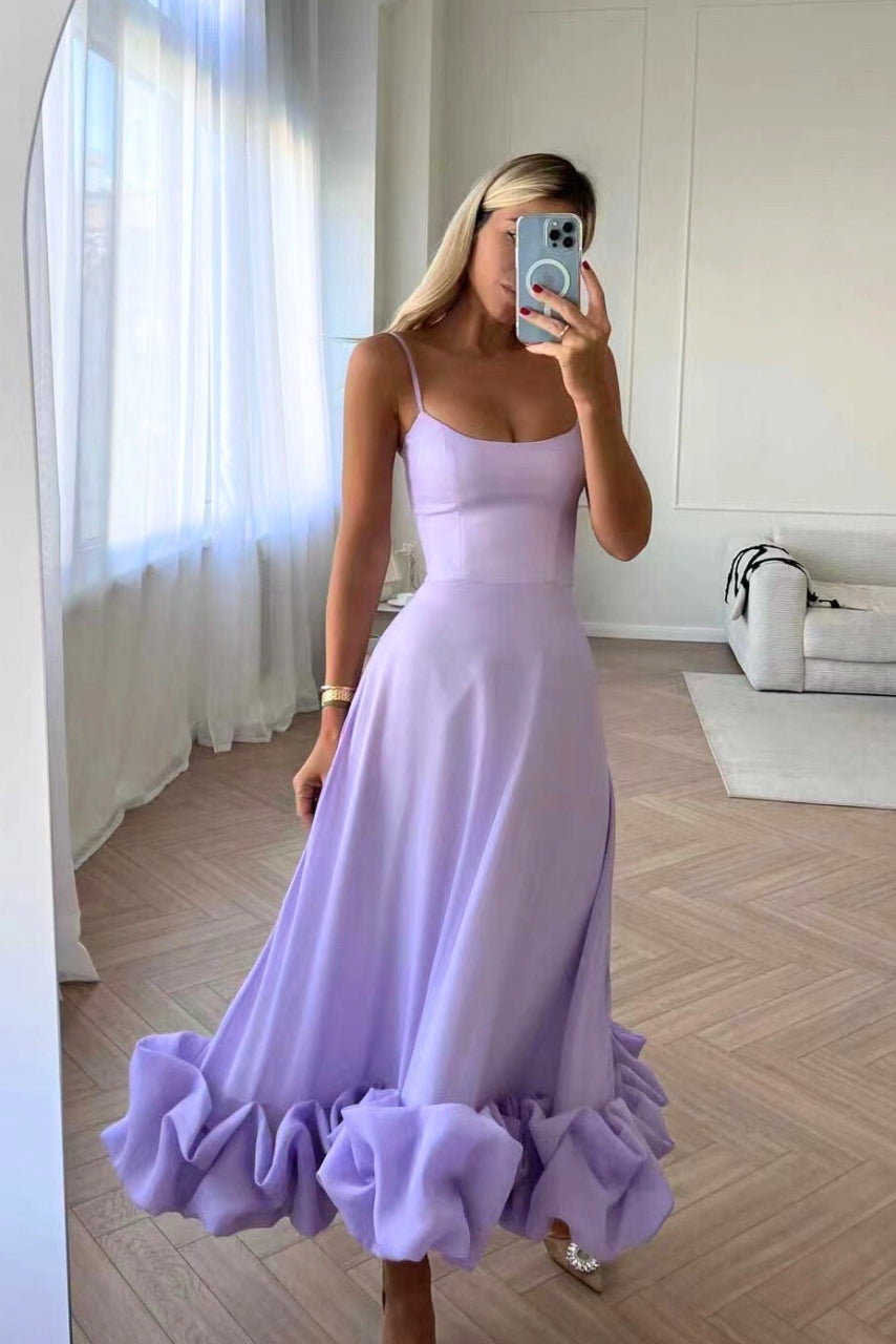 Juliette – Robe maxi à fines bretelles avec jupe évasée et ourlet à volants femme