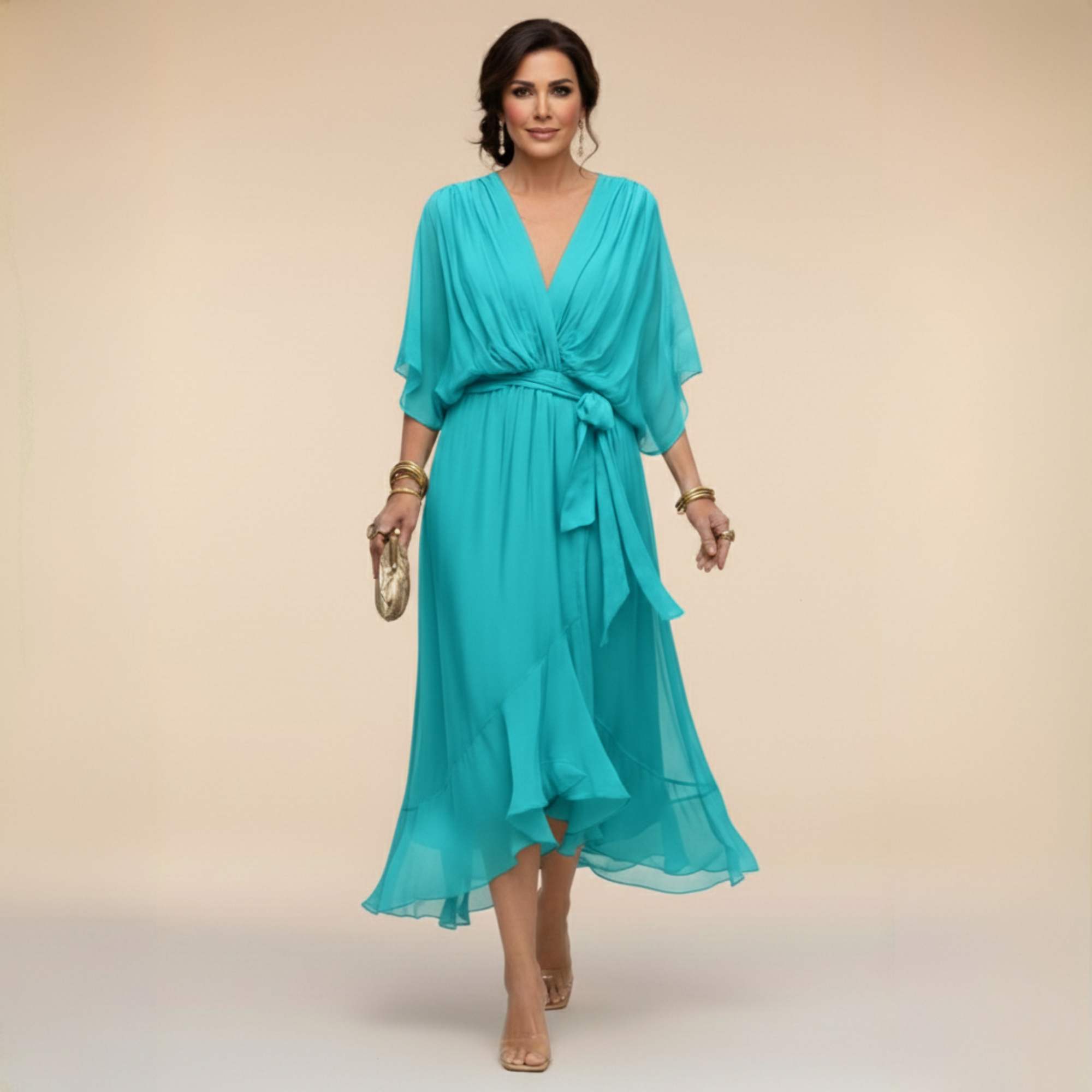 Inès – Robe midi fluide col V à taille ajustable