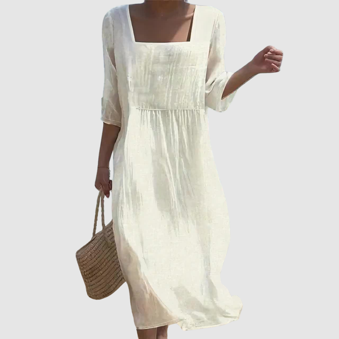 Robe d'été en lin à col carré et manches trois-quarts