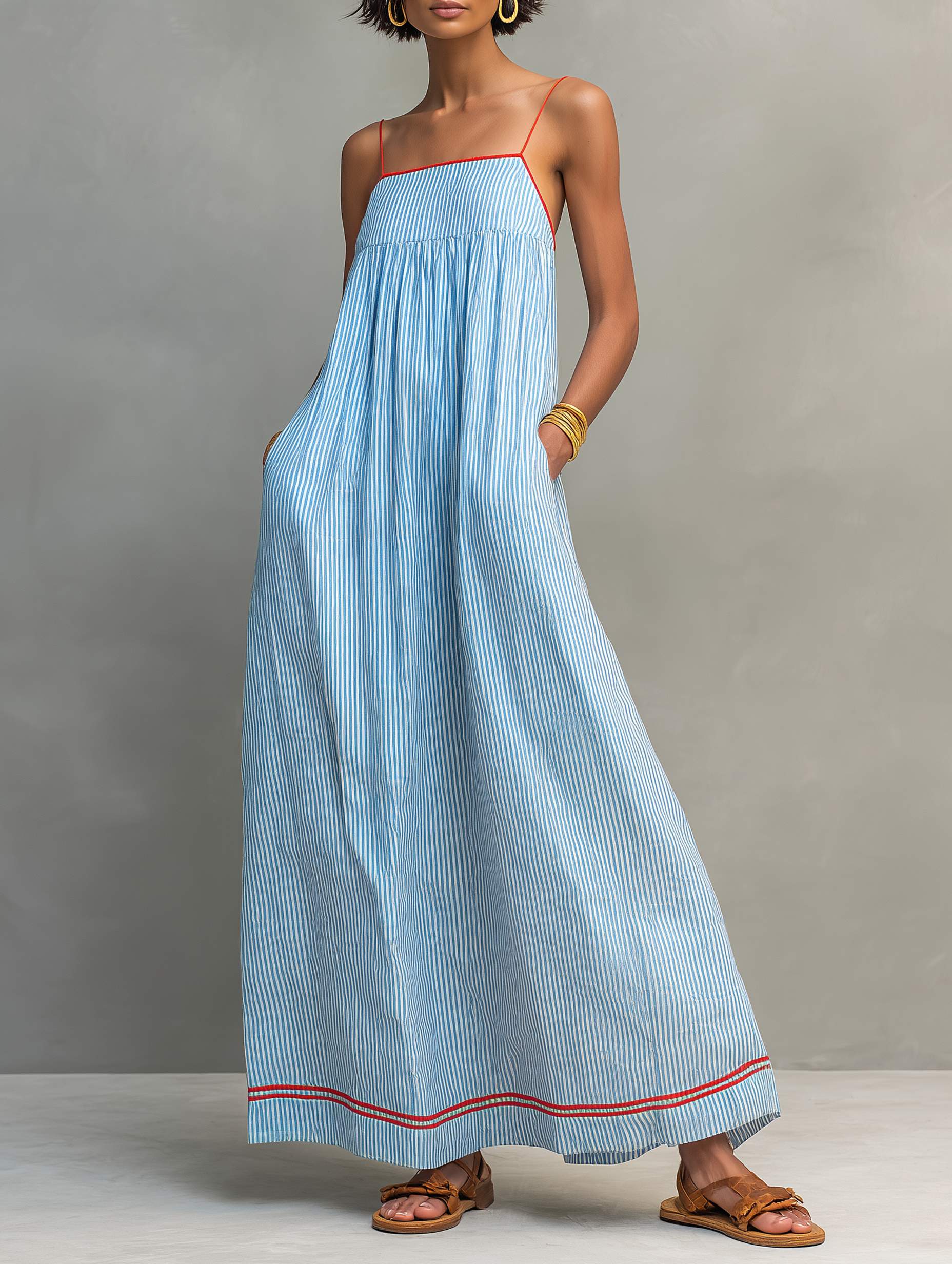 Ophélie – Robe maxi rayée à fines bretelles et liseré femme