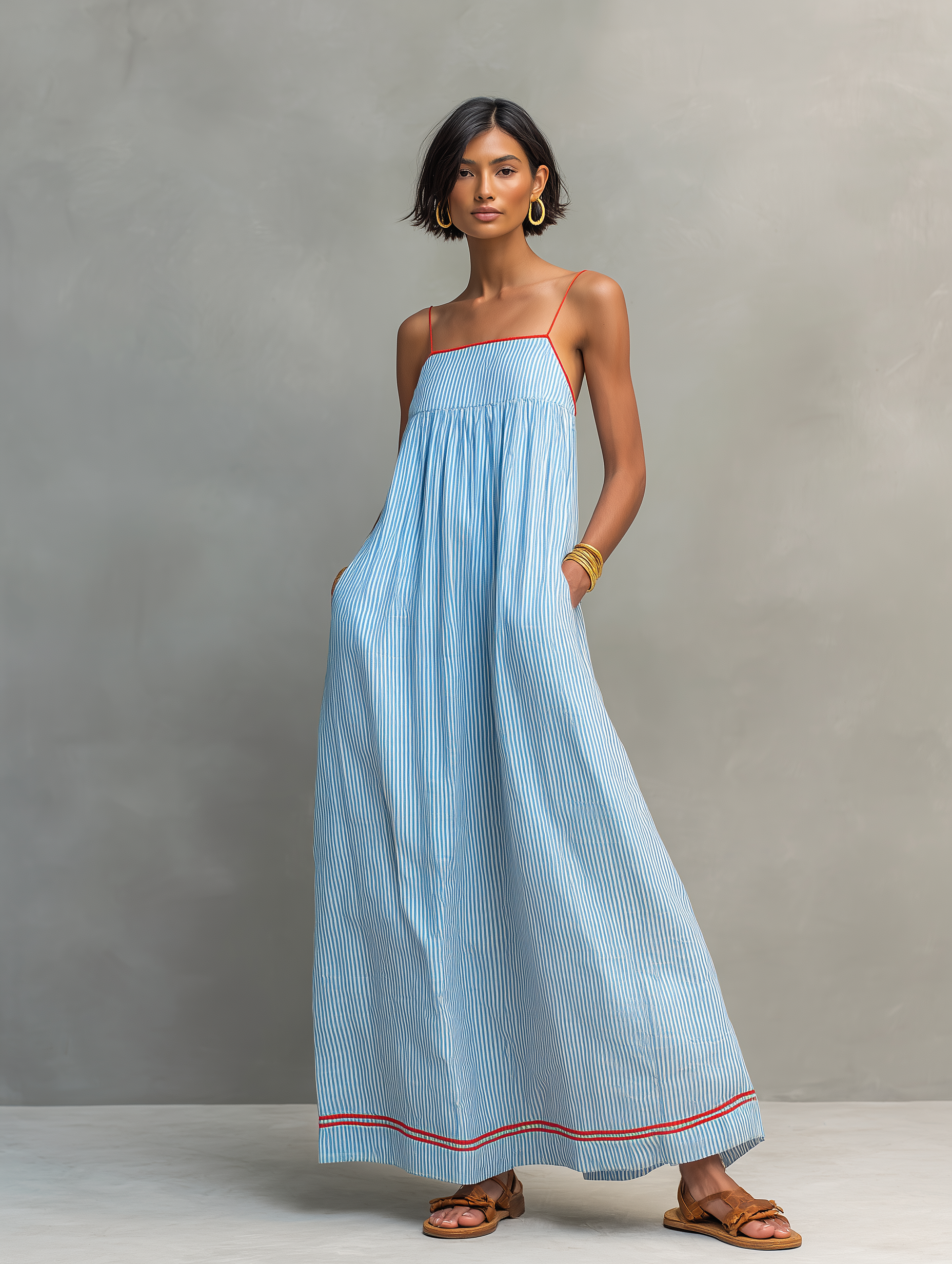 Ophélie – Robe maxi rayée à fines bretelles et liseré femme