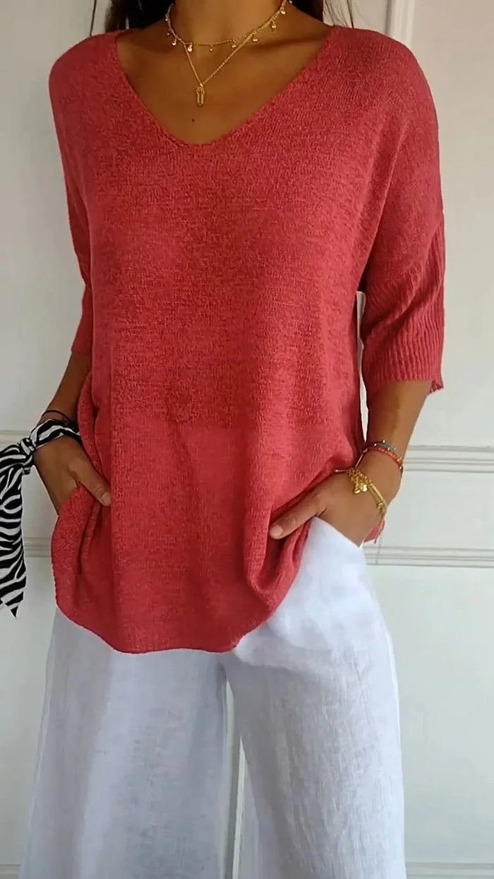 Lison – Top en maille à col en V et manches trois-quarts femme