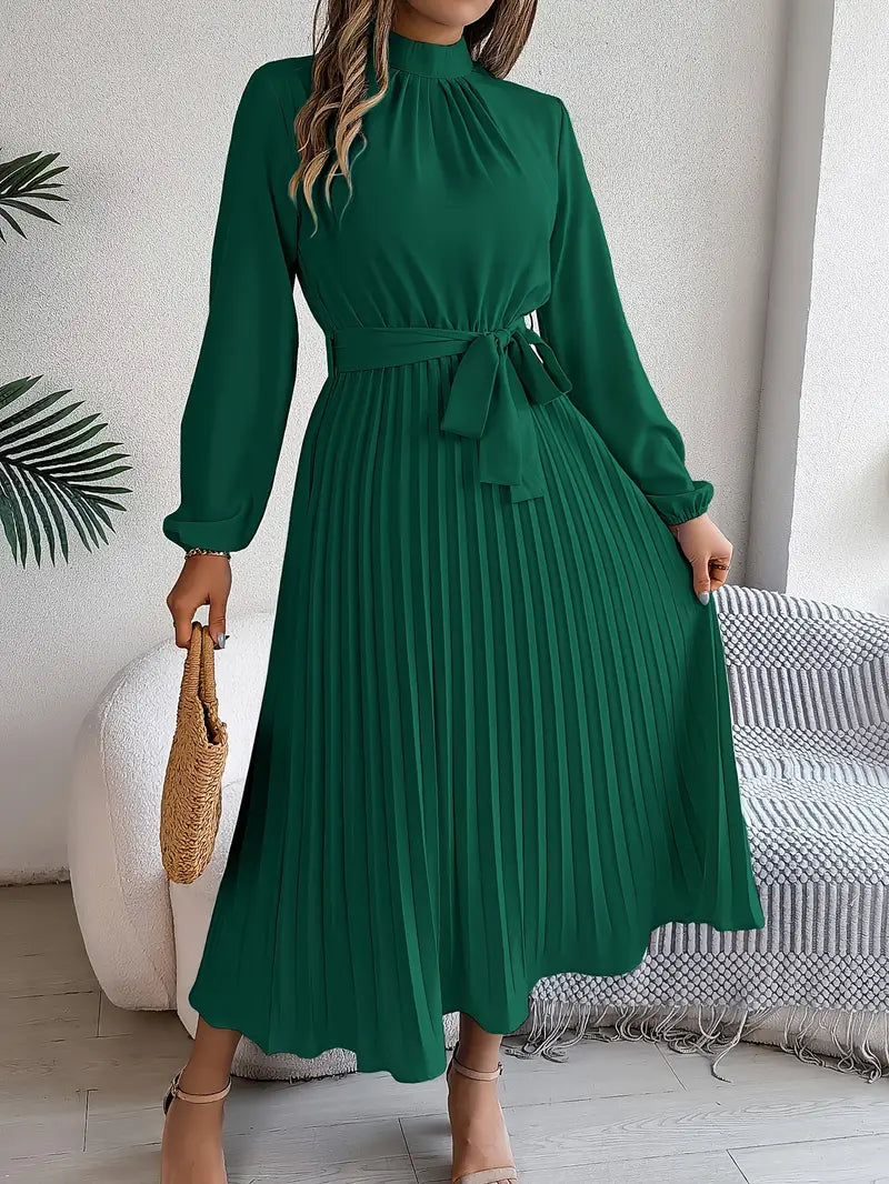 Camille – Robe midi plissée à manches longues avec ceinture femme
