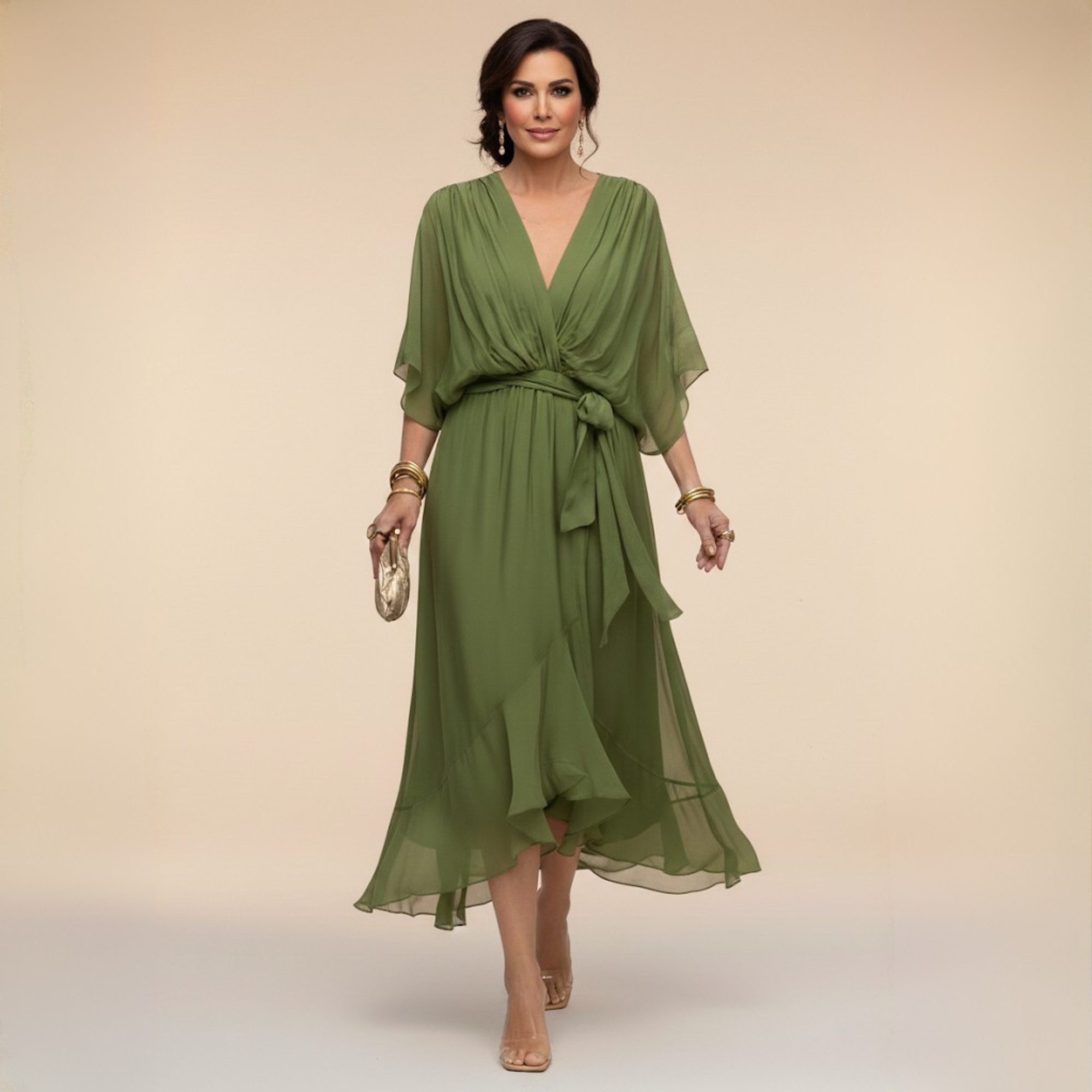Inès – Robe midi fluide col V à taille ajustable