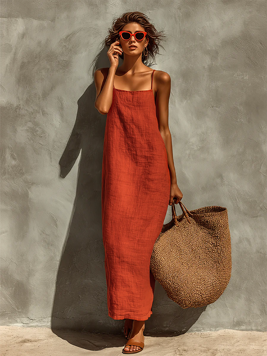Nine – Robe maxi en coton style bohème à fines bretelles et col carré femme