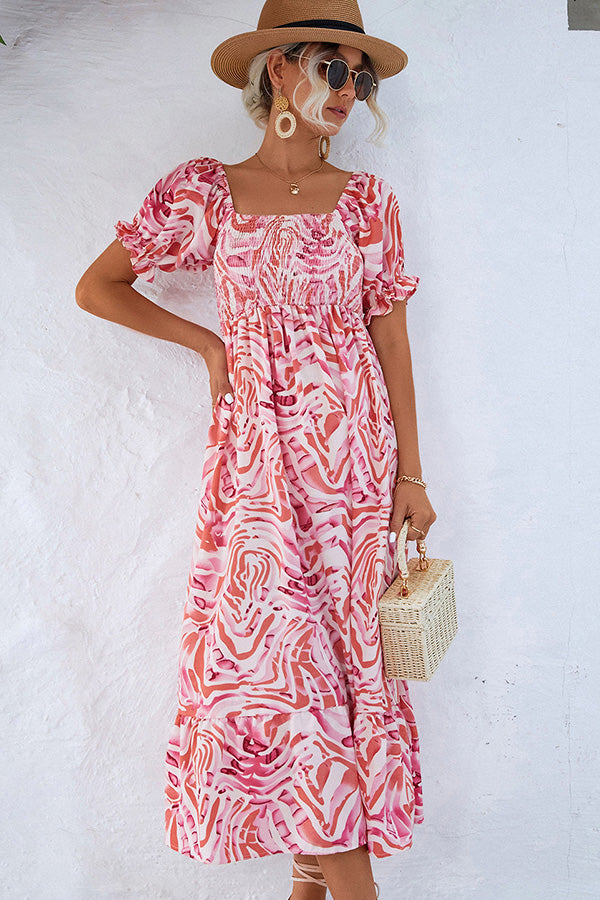 Solène – Robe midi à épaules dénudées avec imprimé femme