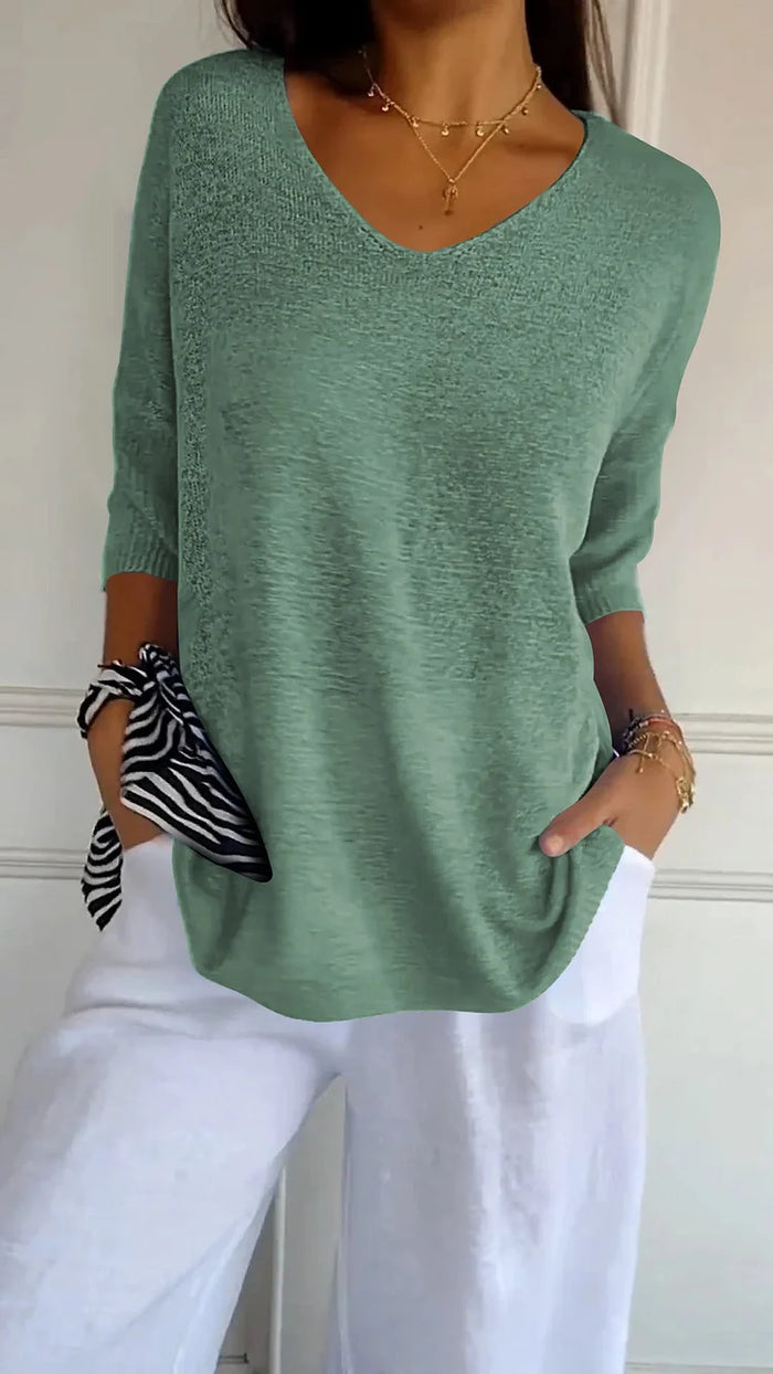 Lison – Top en maille à col en V et manches trois-quarts femme