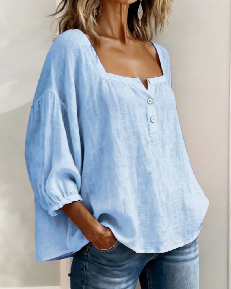 Blouse en lin femme à encolure carrée et manches bouffantes 3/4
