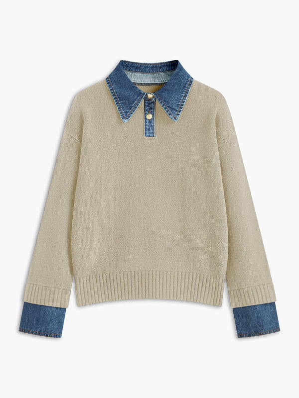 Solène – Pull col denim à effet superposé femme