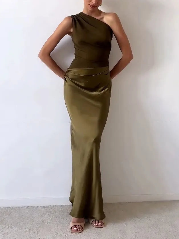 Garance – Robe maxi de soirée élégante plissée à une épaule femme