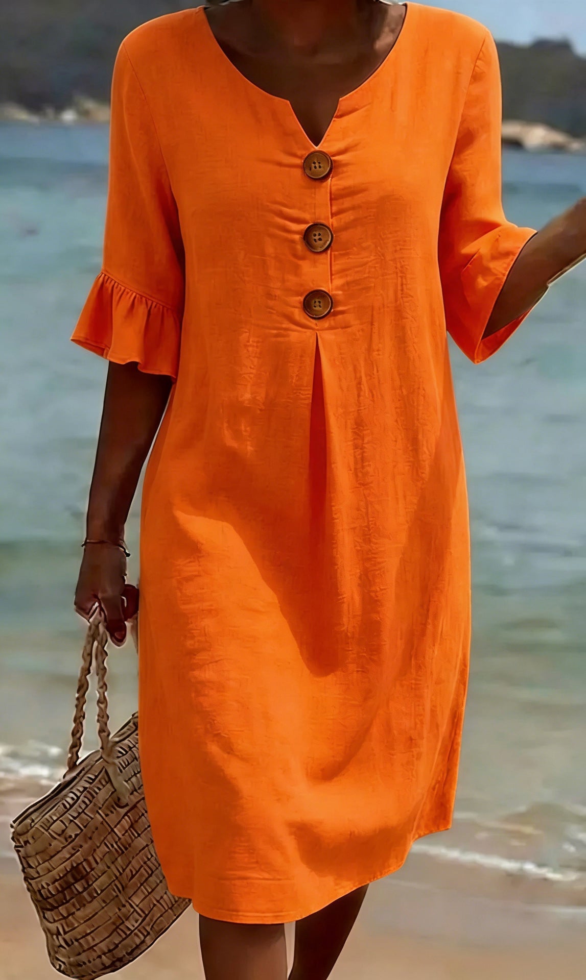 Robe d'été boutonnée en coton et lin à manches volantées