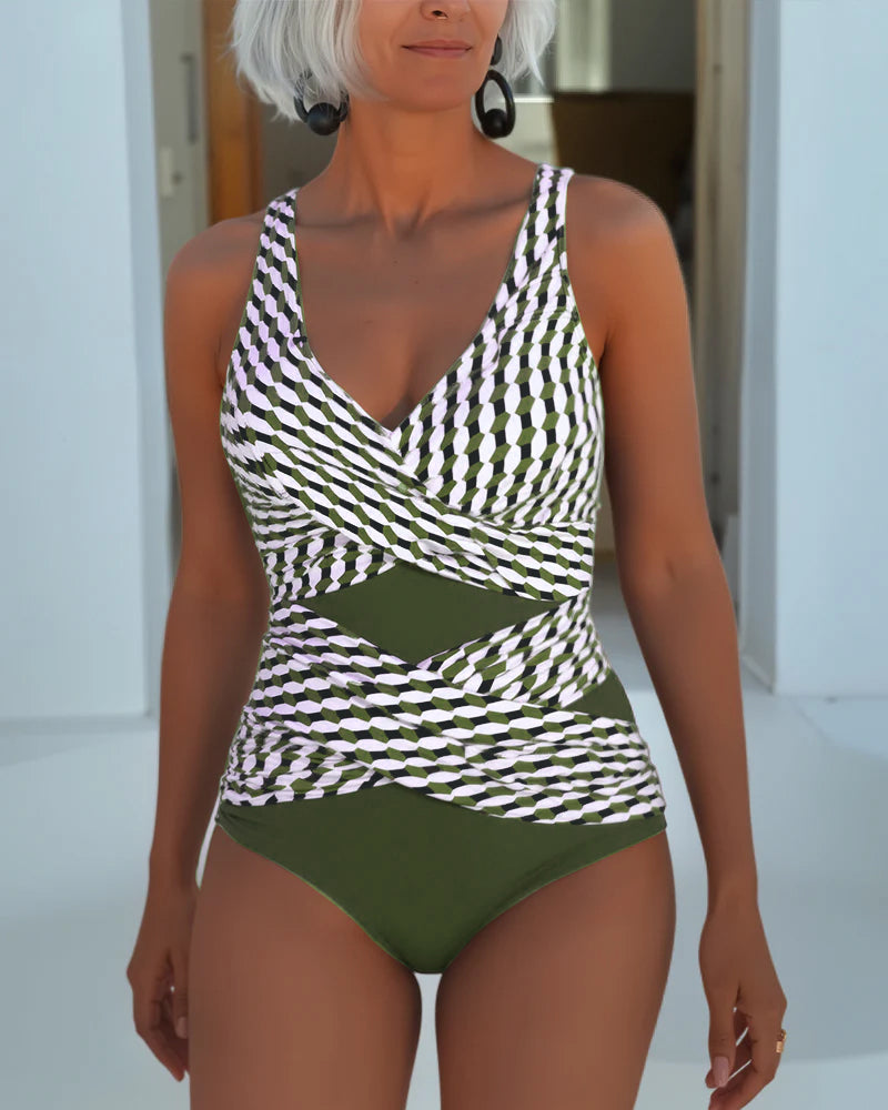 Maillot de bain une pièce à motif géométrique et découpe avant
