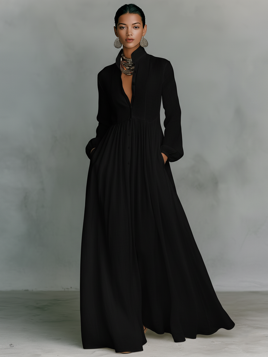 Justine – Robe chemise maxi en lin à col montant et manches longues femme