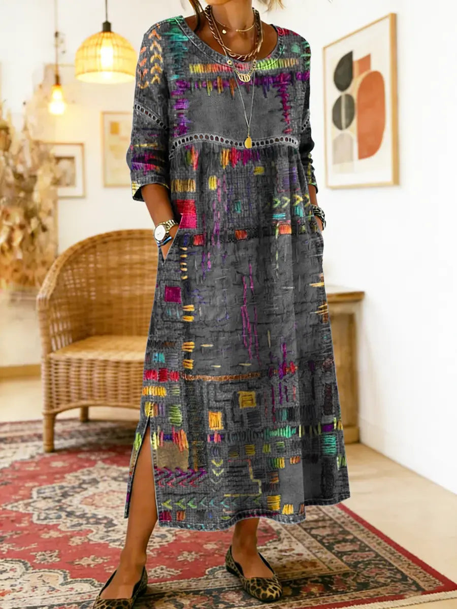 Robe bohème en denim fluide à patchwork ethnique et dentelle
