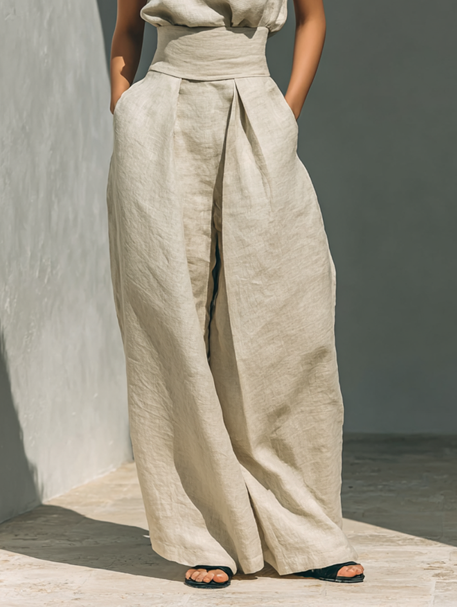 Léa – Ensemble deux pièces en lin avec blouse sans manches et pantalon large femme
