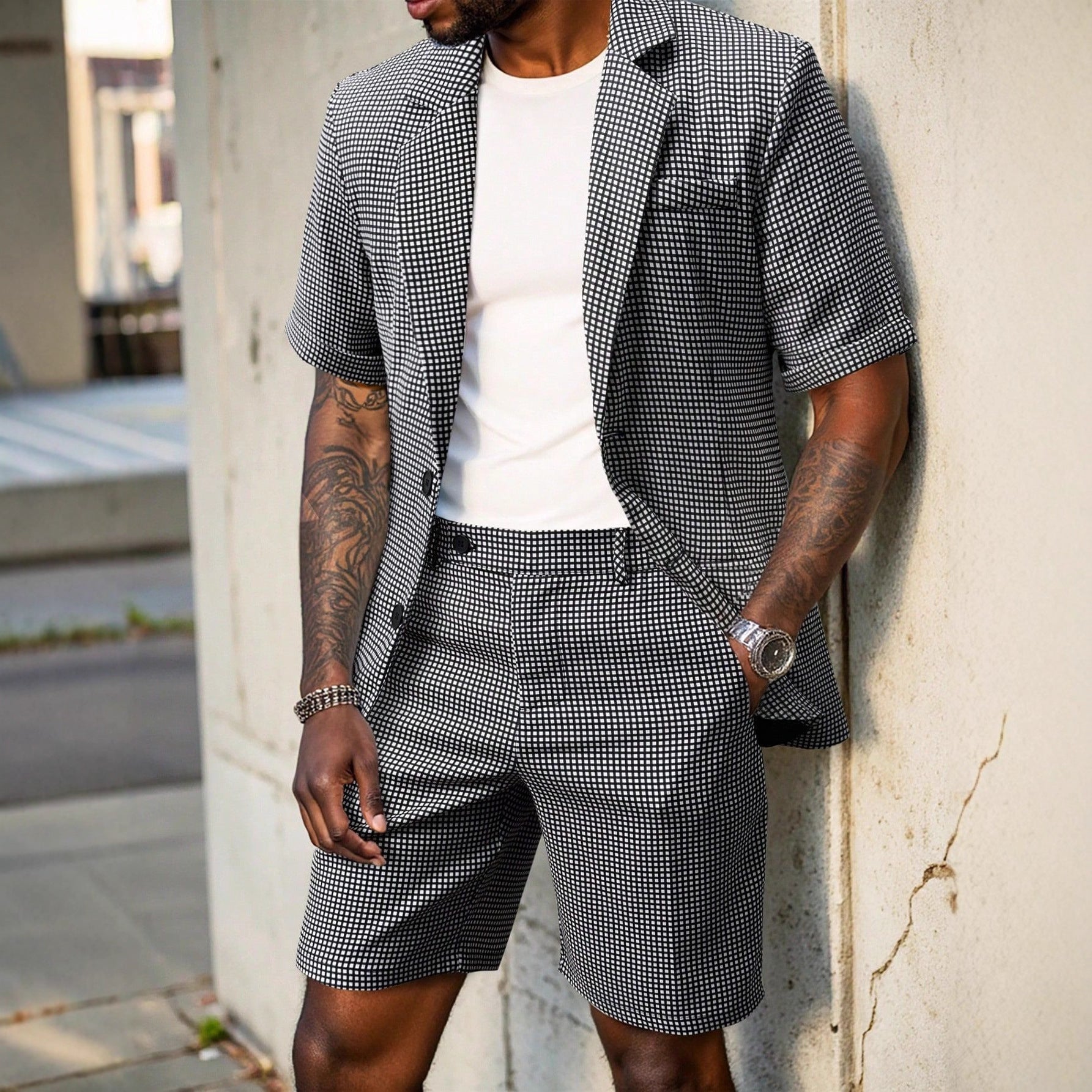 Corentin – Ensemble deux pièces à carreaux : blazer à manches courtes et short assorti homme