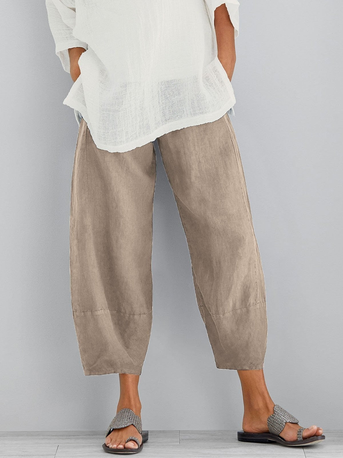 Pantalon court femme en coton à taille élastique et poches