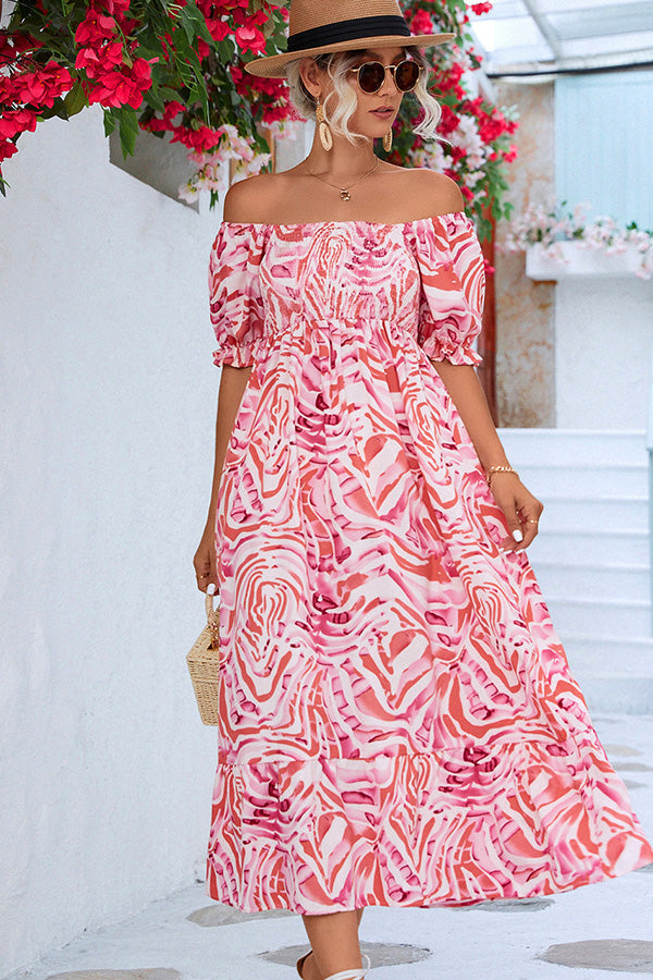Solène – Robe midi à épaules dénudées avec imprimé femme