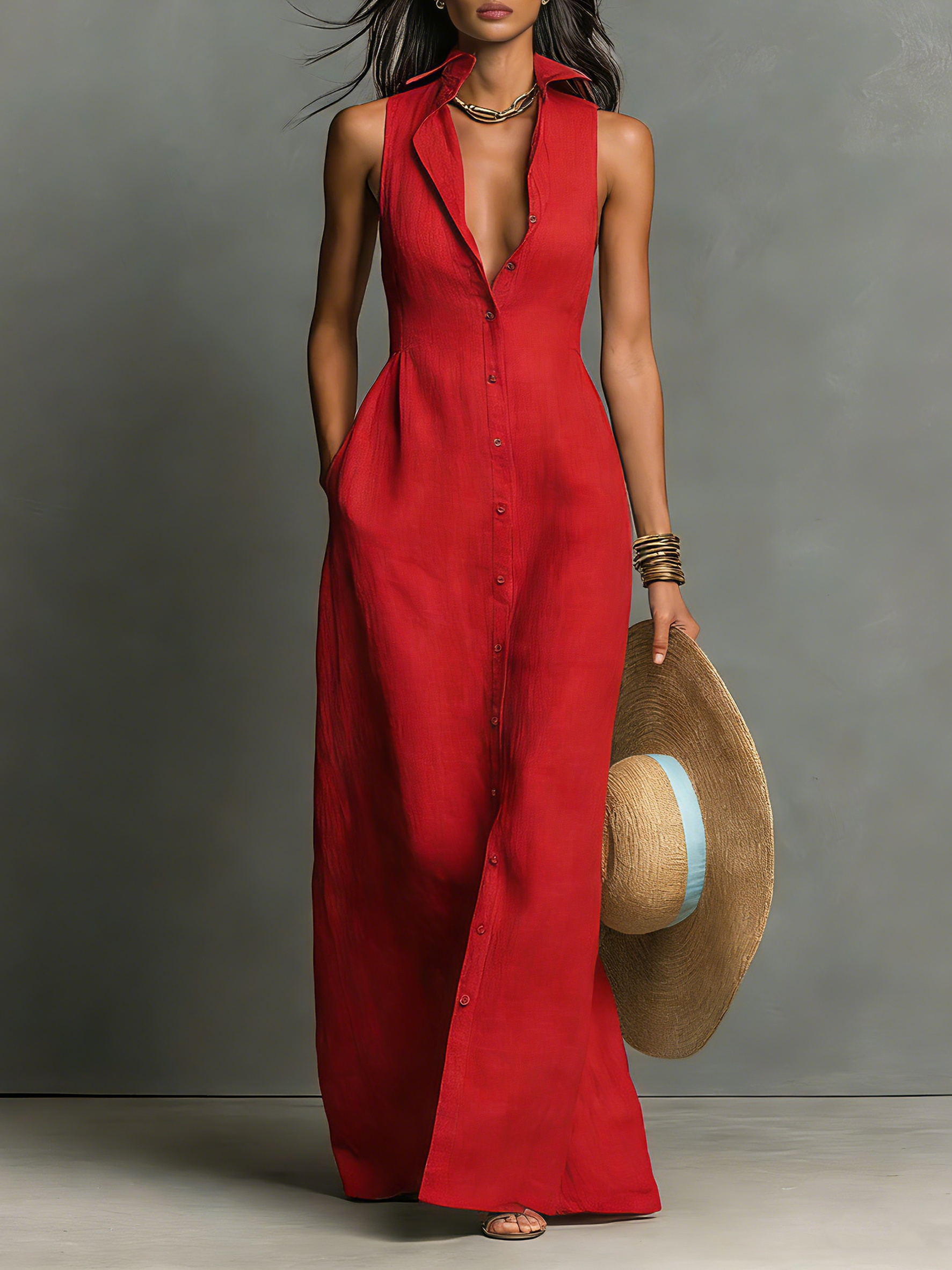 Rose – Robe chemise maxi sans manches en lin mélangé à col femme