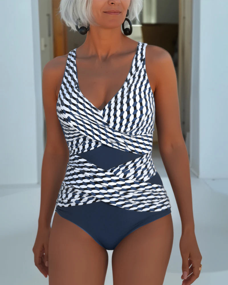 Maillot de bain une pièce à motif géométrique et découpe avant