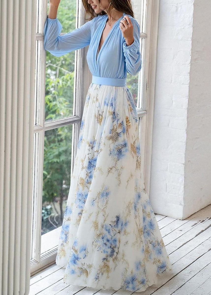 Clara – Robe maxi à manches longues avec col V profond et jupe imprimée femme