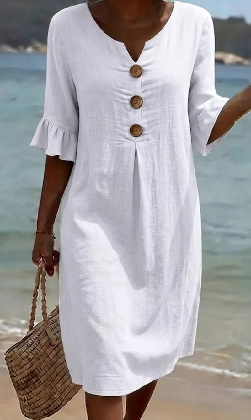 Robe d'été boutonnée en coton et lin à manches volantées