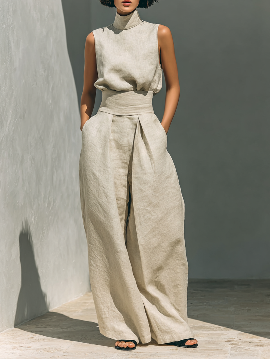 Léa – Ensemble deux pièces en lin avec blouse sans manches et pantalon large femme