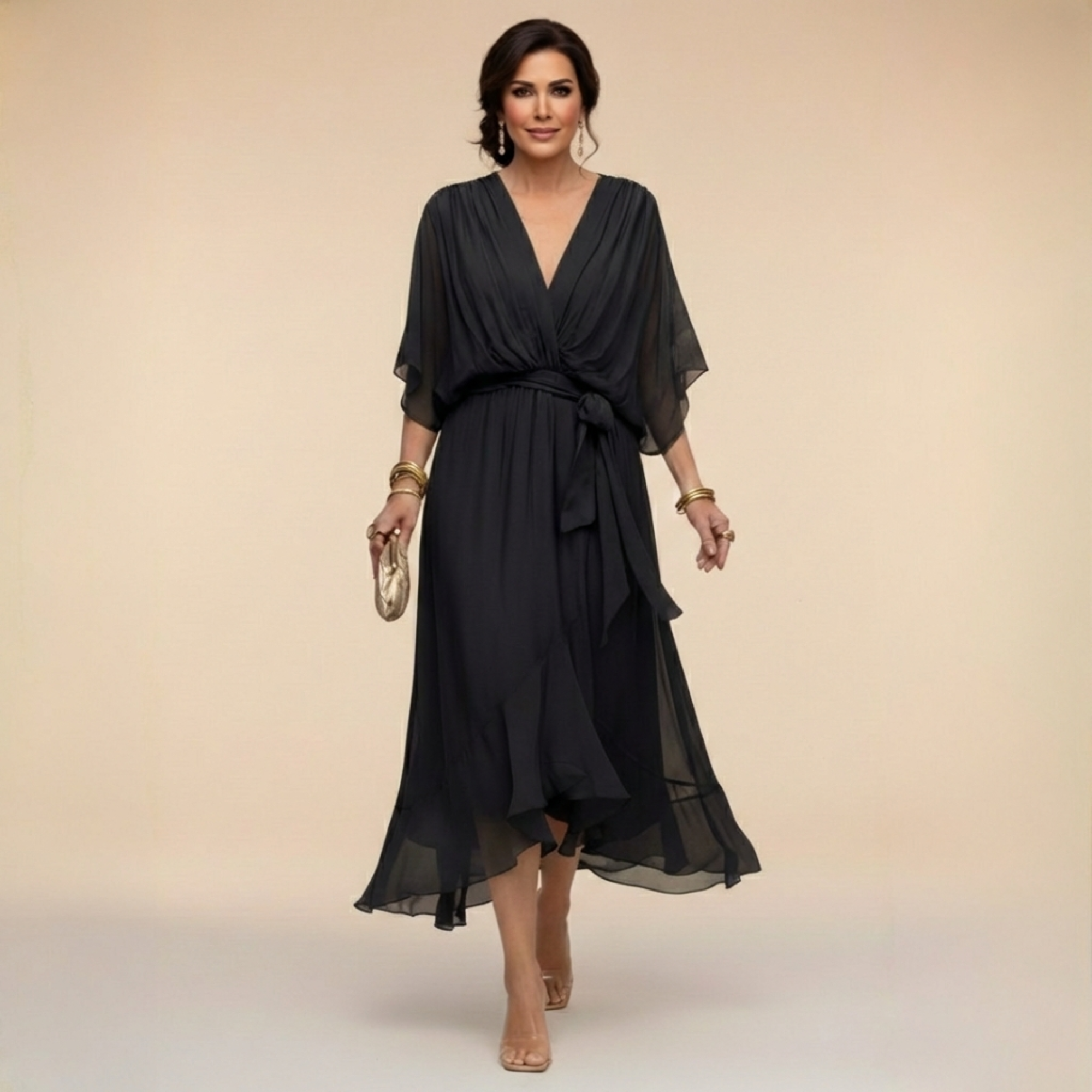 Inès – Robe midi fluide col V à taille ajustable