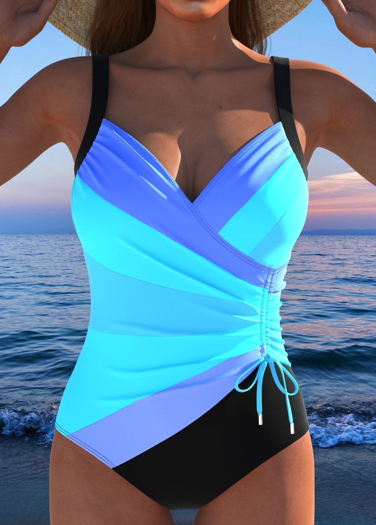 Maillot de bain une pièce femme cache-cœur, imprimé à fronces réglables