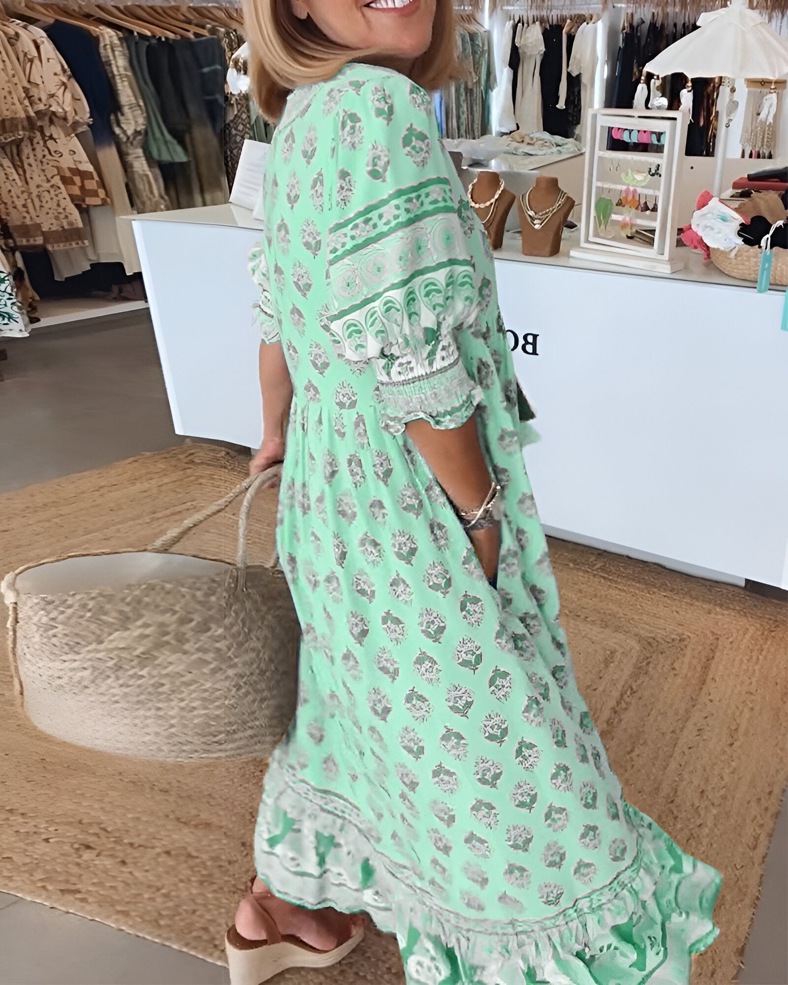 Inès – Robe maxi bohème à col en V motif floral femme