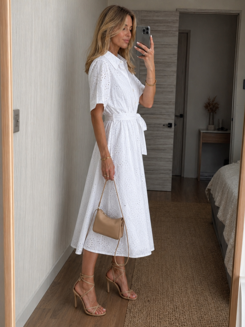 Robe chemise midi à manches courtes et ceinture nouée