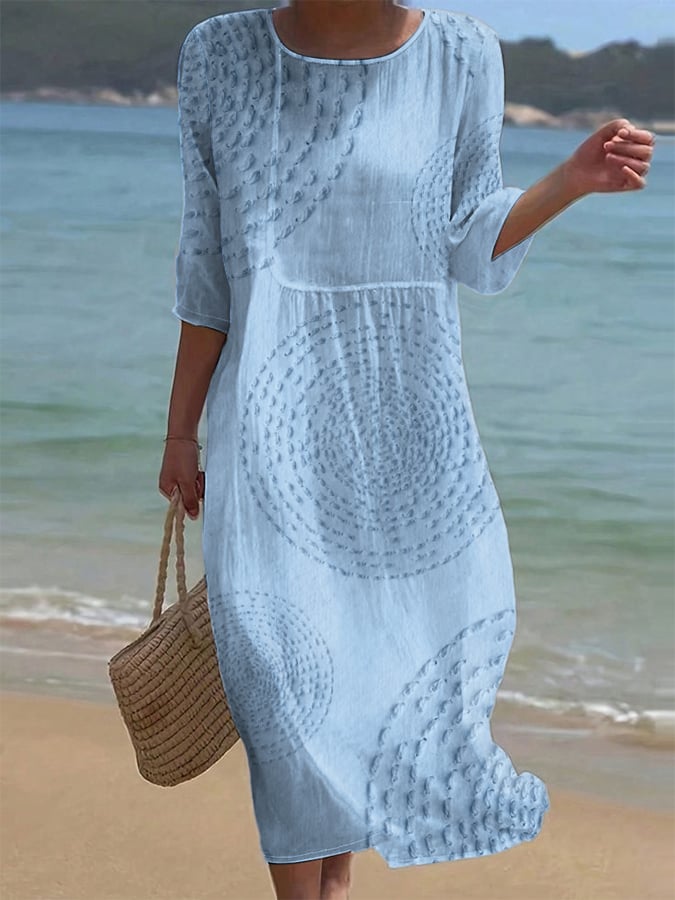 Robe midi en coton et lin à motif texturé et manches 3/4