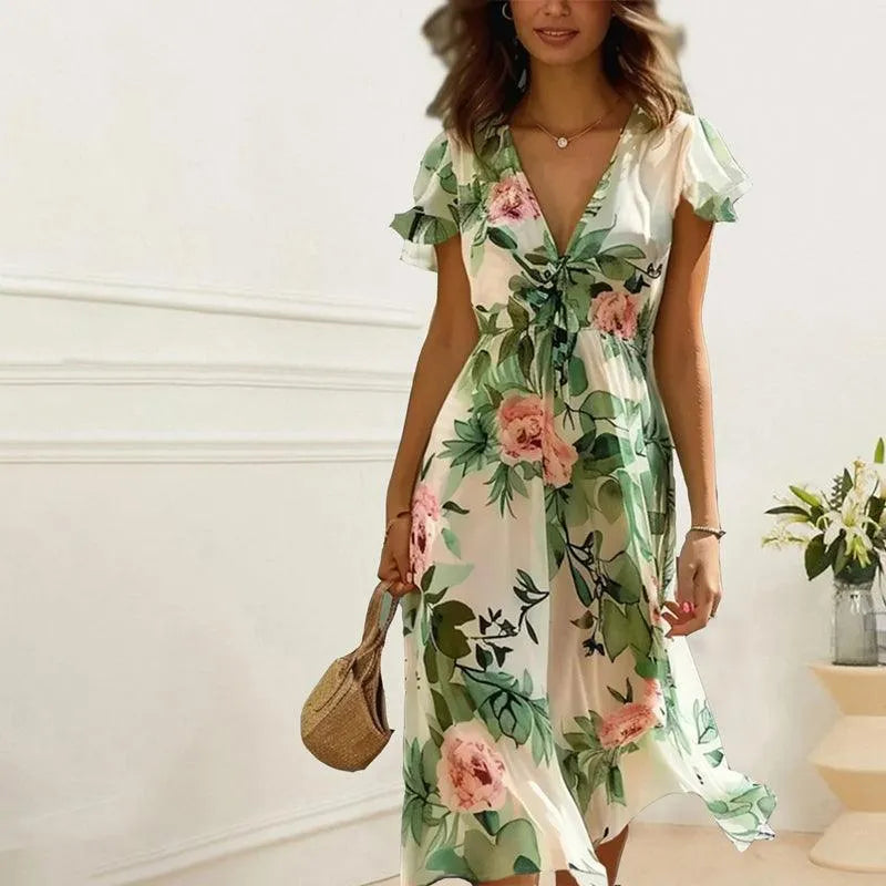 Inès – Robe midi verte à fleurs femme