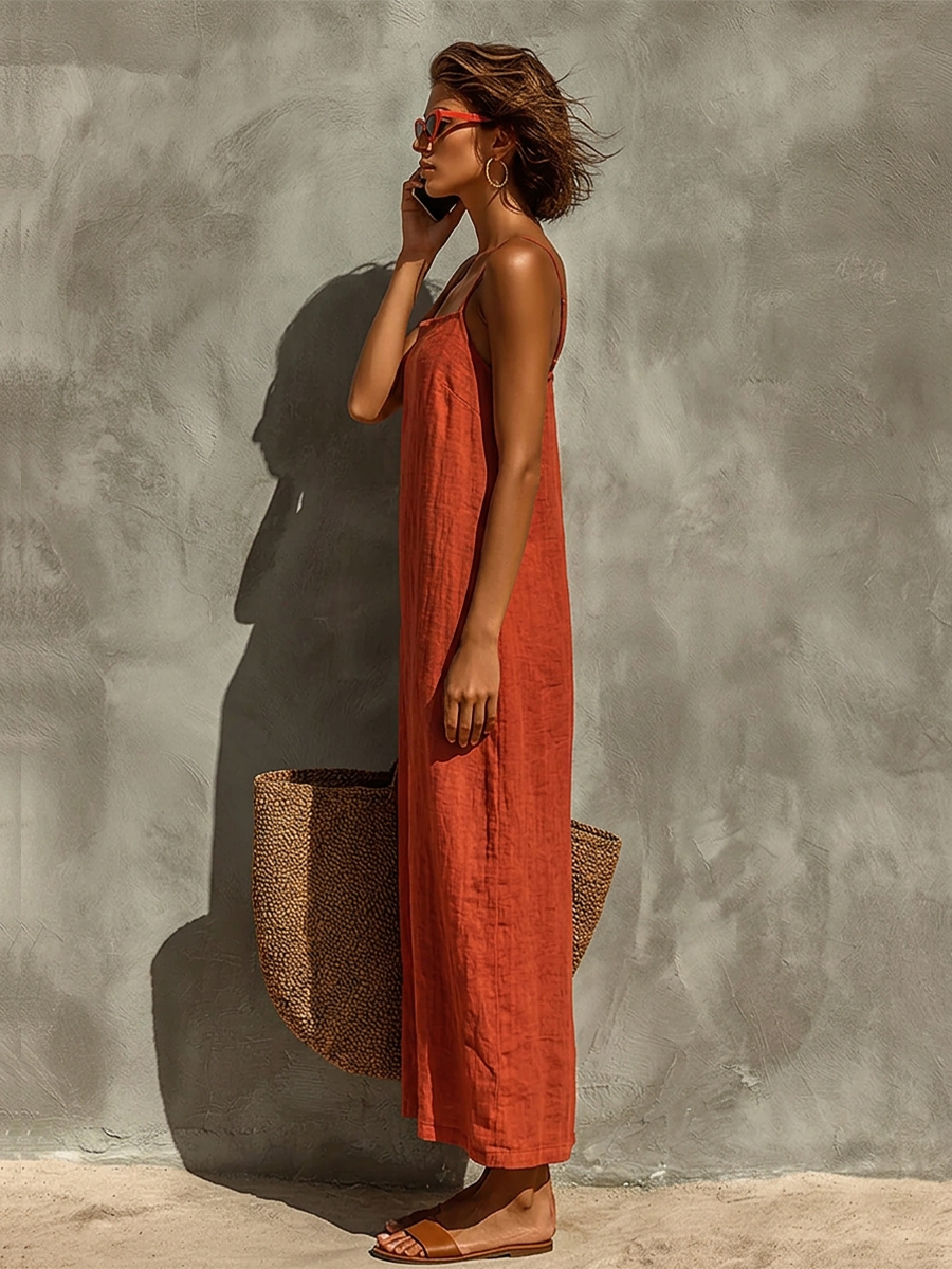 Nine – Robe maxi en coton style bohème à fines bretelles et col carré femme