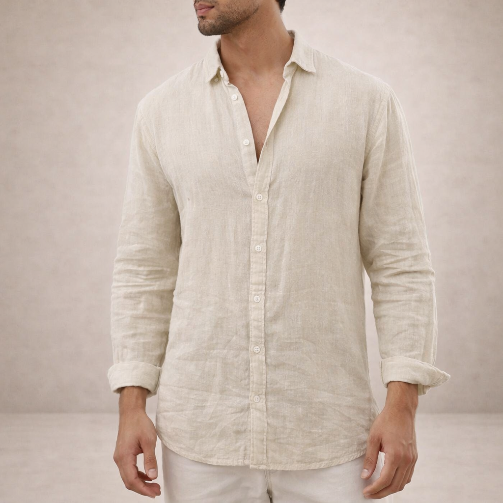 Chemise en lin homme à col ouvert coupe décontractée manches longues