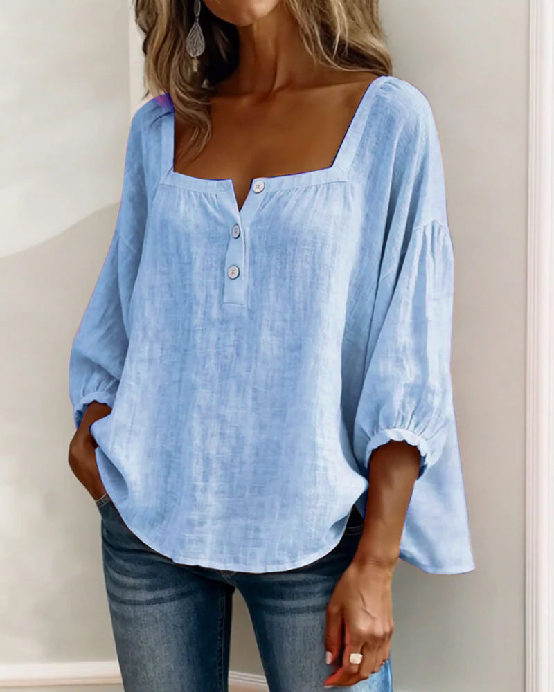 Blouse en lin femme à encolure carrée et manches bouffantes 3/4