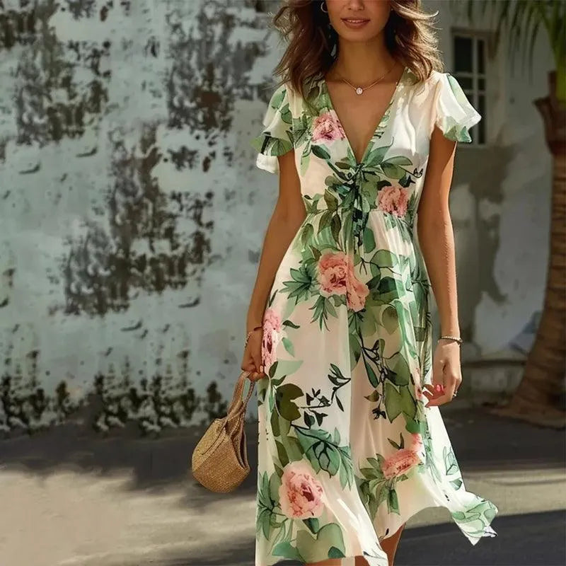 Inès – Robe midi verte à fleurs femme