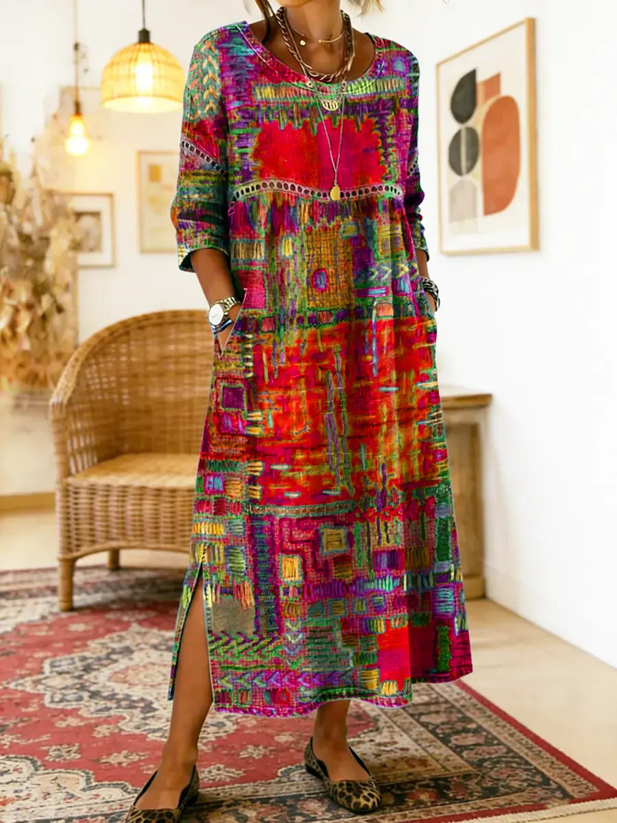 Robe bohème en denim fluide à patchwork ethnique et dentelle