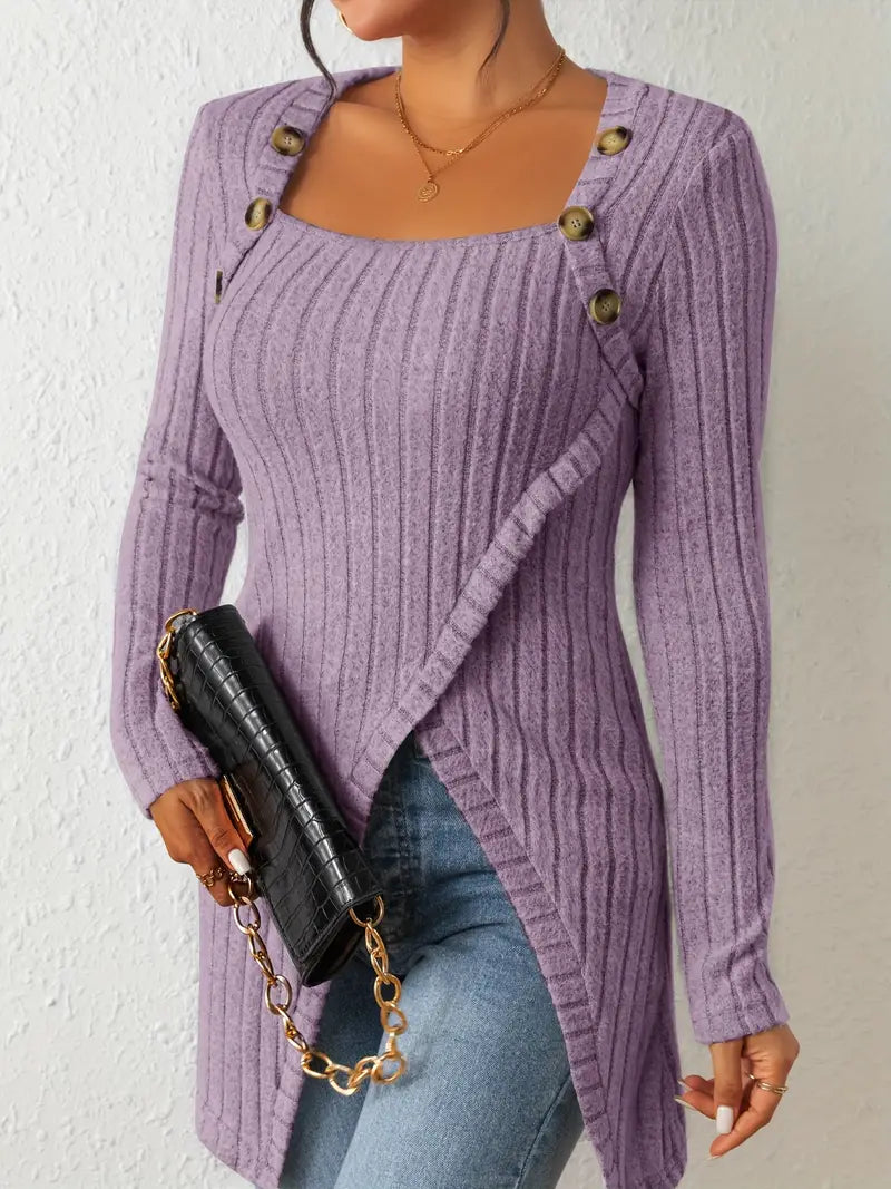 Manon – Haut asymétrique femme à boutons et maille côtelée