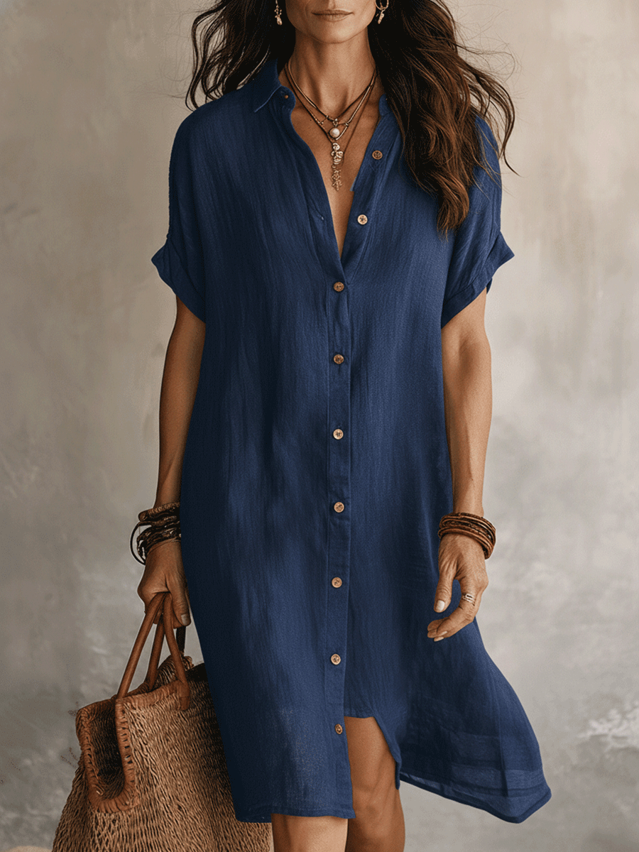 Robe chemise midi en lin et coton à manches courtes